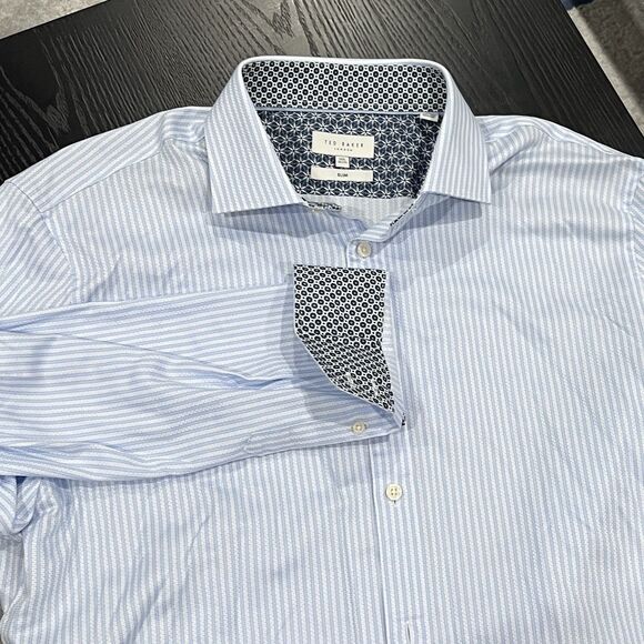 TED BAKER Size 16.5 White Blue Striped Cotton Flip Cuff Designer Slim Shirt - Picture 12 of 12